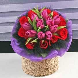 10 Purple Tulips & 10 Red Roses Hand Bouquet