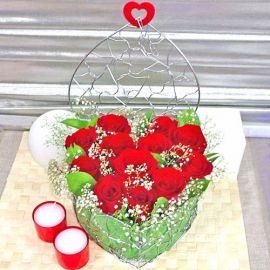 12 Red Roses with Heart Shape Metal Wired Container