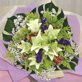 6 White Lily Hand Bouquet