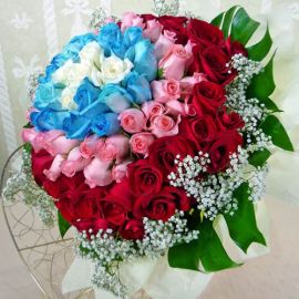 99 Roses ( 5white 20blue 33Peach 41red ) Hand bouquet