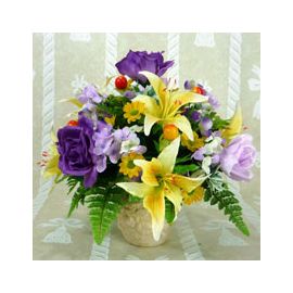 Artificial Yellow Lilies with Purple Roses Arrangement