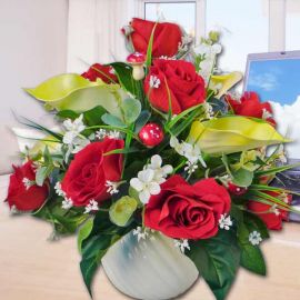 Artificial Lilies and Red Roses Arrangement