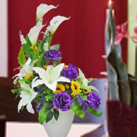 Artificial Purple Roses With White Lilies Flowers Table Arrangem