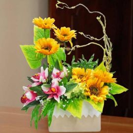 Artificial Sunflowers & Orchids Table Arrangement