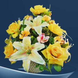 Artificial Yellow Roses & Lilies Flowers Table Arrangement