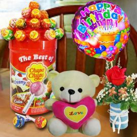 15cm Bear with Lollipop Candies With Rose & Birthday Balloon.