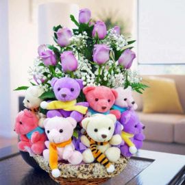 12 Purple Roses With 20 Mixed Color Bears In a Basket