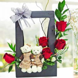 Mini Couple Bear & 5 Red Roses Arrangement in Hard Paper Container