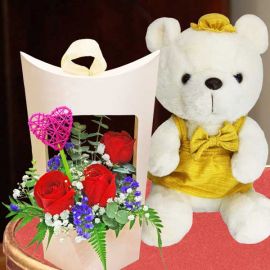 Yellow Skirt Bear with 3 Red Roses Arrangement can be carry by hand