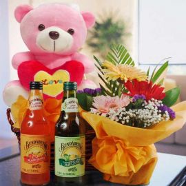 Bear, non-alcoholic beverage & Flowers Gift Basket