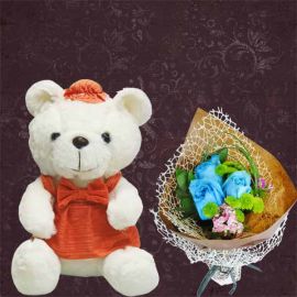 25cm Bear With 3 Blue Roses Hand Bouquet.