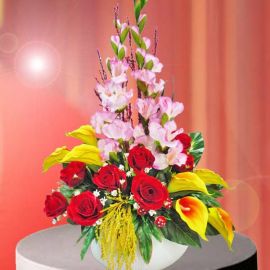 Artificial Cala Lily & Red Roses Table Arrangement