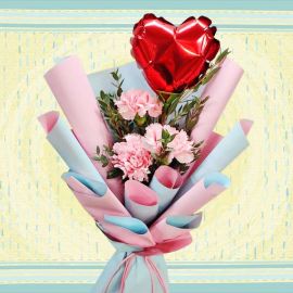 3 Pink Carnations With Heart-Shape Balloon Hand bouquet