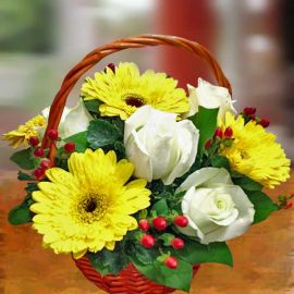 Yellow Gerbera & White Roses In Basket