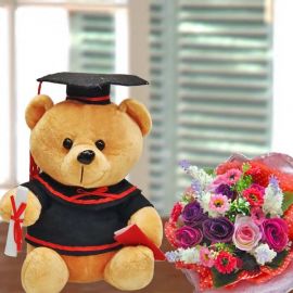 20cm Graduation Bear & Artificial Roses Bouquet