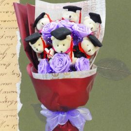 6 Graduation Teddy Bears (4 inches Height) & Artificial Roses Hand Bouquet