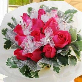 Hot Pink Roses With Crystal Butterfly Rings Bouquet