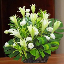 10 White Lilies Table Arrangement in Basket