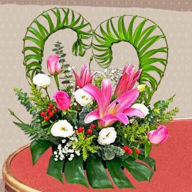 Pink Lily and Roses Arrangement in Heart Shape Handle Flower Box