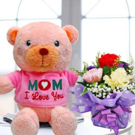 (Mom i Love You) Bear & 3 Mixed Carnations Standing Bouquet