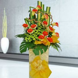 Artificial Orange Calla Lily & Fresh Gerbera Flower Opening Stand Arrangement