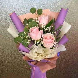 3 Peach Roses Hand Bouquet Special Wrapping