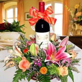 Red wine with Pink lily and champagne roses