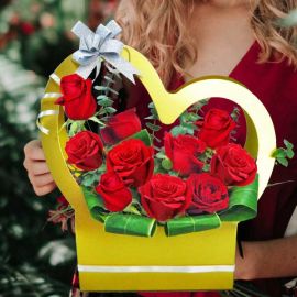 10 Red Roses Arrangement in Heart Shape Handle Flower Gift Box