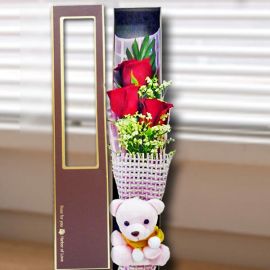 3 Red Roses & Pink Bear in Gift Box