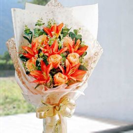 Artificial Orange Lilies & Roses Hand bouquet.