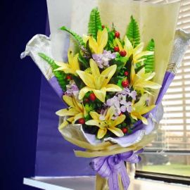Artificial Yellow Lilies & Roses Hand bouquet.
