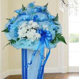 Artificial Blue Lilies & Fresh PomPom Flowers 5' Ht
