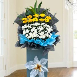 Gerbera & White Pom Pom Flowers Condolences Flowers Delivery box stand 5 feet height
