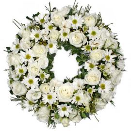 Wreath 16 inches With White Roses And PomPom (without stand)