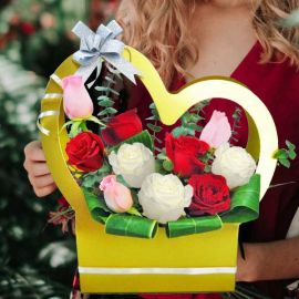10 Mixed Roses Arrangement in Heart Shape Handle Flower Box