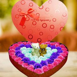 Soap Roses & 2 Mini Bears In Heart-Shape Box