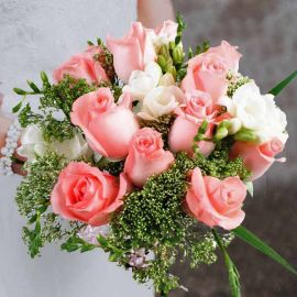 12 Peach Roses With White Freesia Hand Bouquet.