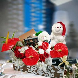 Christmas Flower and Wine Gift Basket 